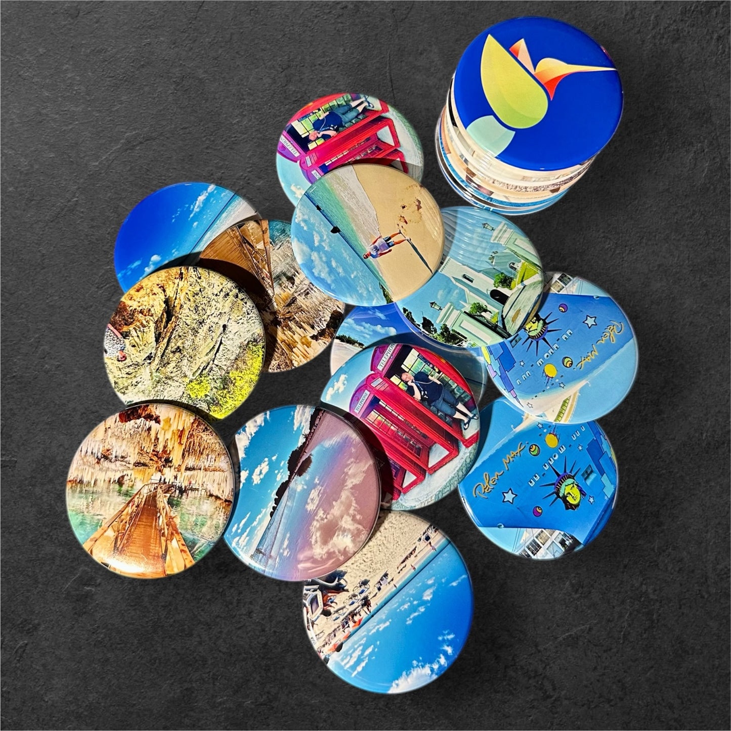 Personalized custom photo magnets featuring vibrant, high-resolution images, neatly arranged on a refrigerator door. Each magnet showcases personal moments like family portraits, travel memories, and pet photos, printed on round glossy, durable surface.
